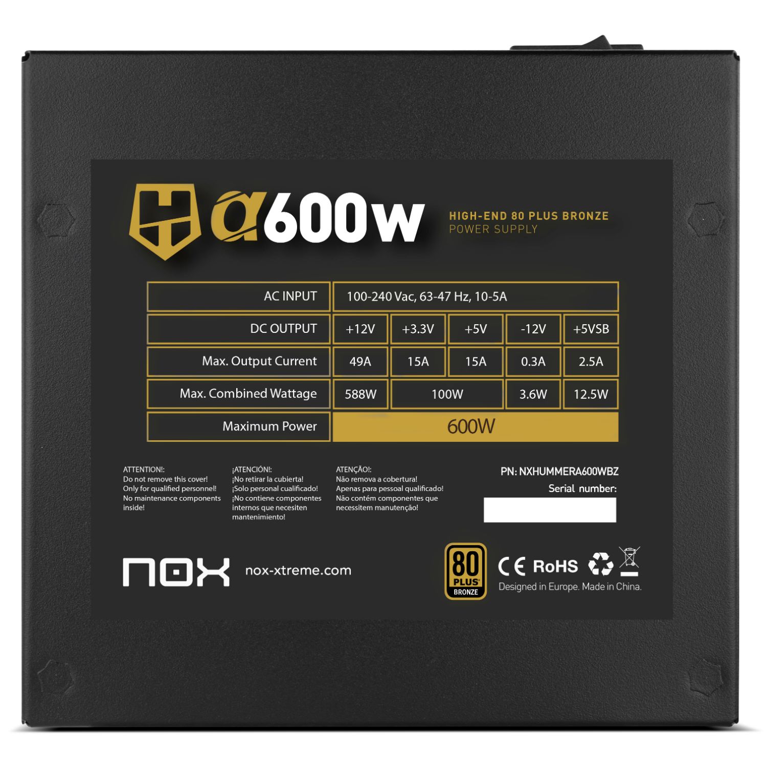 NXHUMMERA600W - Fuente NOX HUMMER ALPHA ATX 600W 120mm 24-pin ATX Molex SATA EPS PCIe 80 Plus Bronze Negra (NXHUMMERA600W)