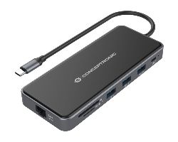 DONN15G - Docking Station CONCEPTRONIC 12en1 USB-C a 2x USB-A 2.0/USB-A 3.0/USB-C PD 100W/HDMI/2x VGA/GbE LAN/Lector SD/TF/mSD/Audio Out Gris (DONN15G)