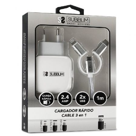 SUB-CHG-1ZWC01 - Cargador de Pared SUBBLIM Universal Carga Rpida 2.0 USB 2.0 Cable 3en1 1m Plata/Blanco (SUB-CHG-1ZWC01)
