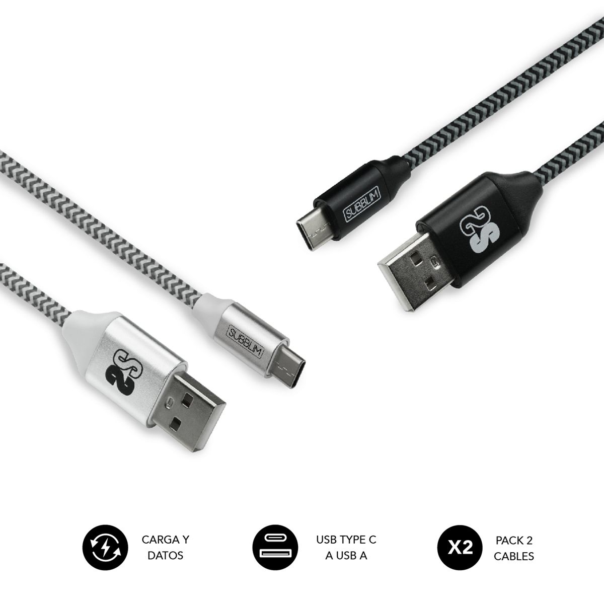 SUB-CAB-2TC001 - Pack 2 Cables SUBBLIM USB-c/M a USBM Negro/Plata 1m (SUB-CAB-2TC001)