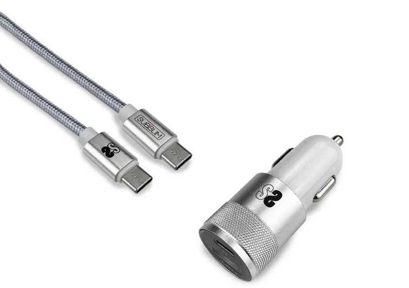 SUB-CHG-5CPD01 - Cargador Coche SUBBLIM 2USB+Cable USB-C Plata (SUB-CHG-5CPD01)
