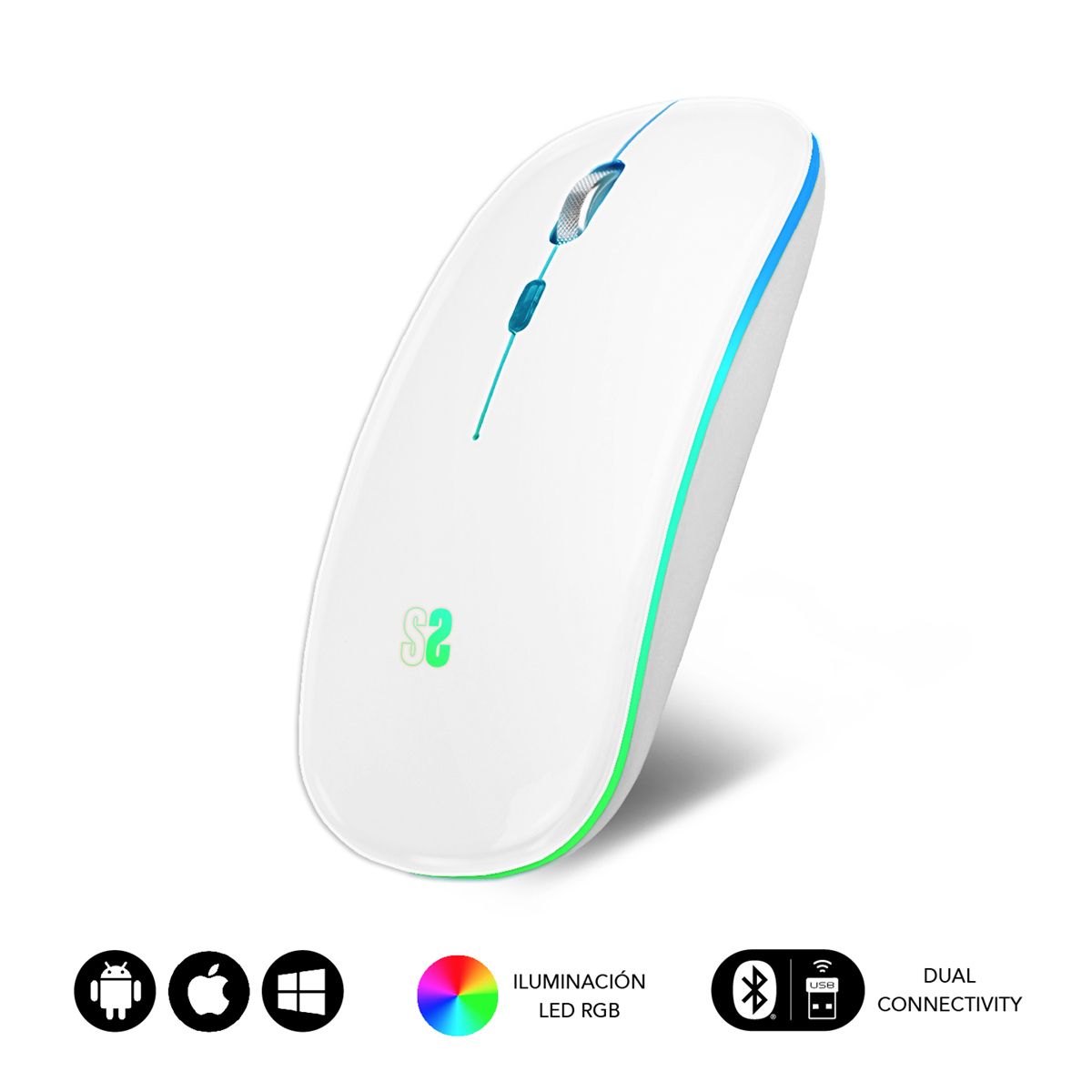 SUBMO-LDFLAT2 - Ratn SUBBLIM Ergonmico ptico Multidispositivo Silencioso Ambidextro RGB Batera Recargable RF Wireless/Bluetooth 5.1/USB-A 1600dpi 4 Botones Blanco (SUBMO-LDFLAT2)