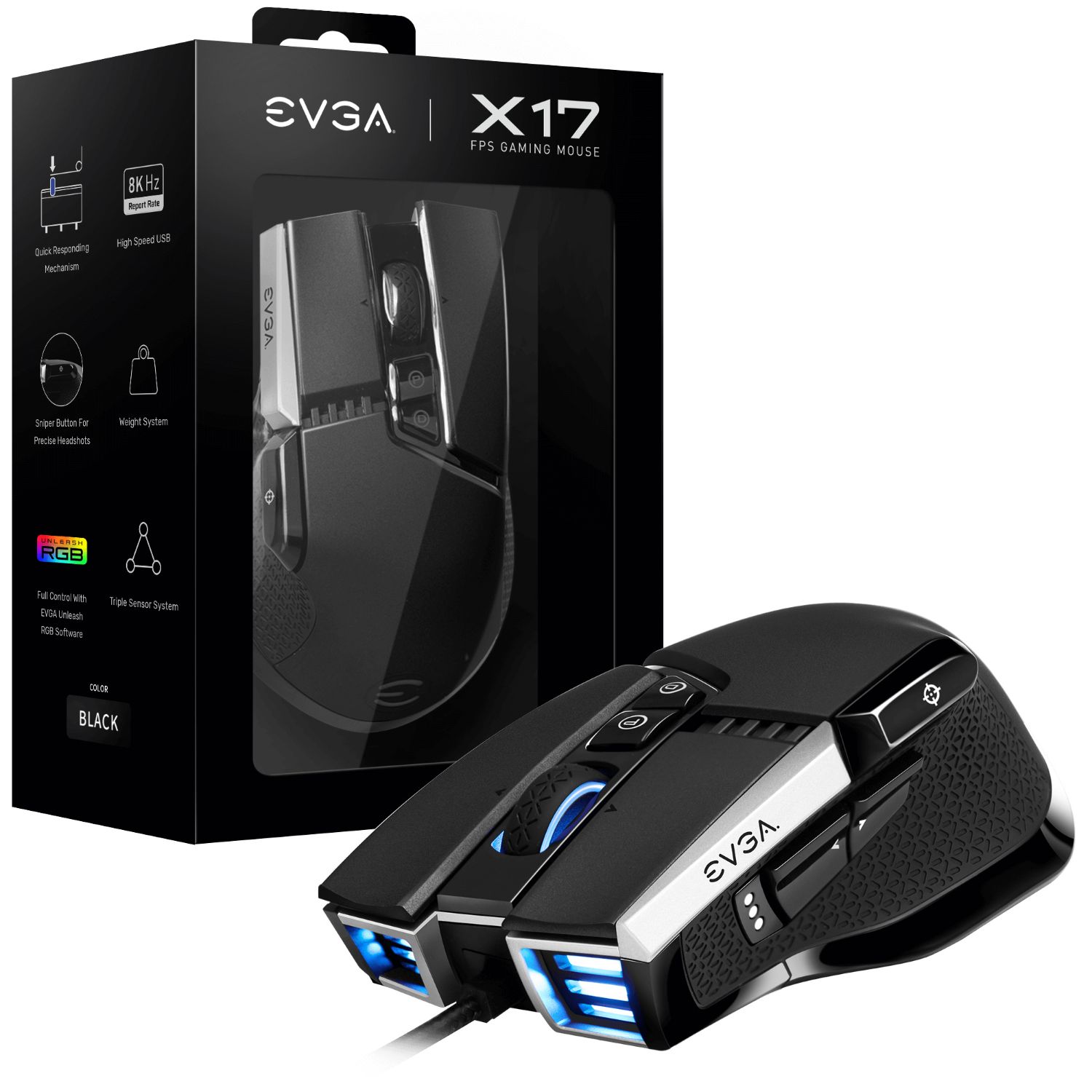 903-W1-17BK-K3 - Ratn Gaming EVGA X17 ptico Ambidextro RGB USB-A 16000dpi 10 Botones Cable Trenzado 2m Negro (903-W1-17BK-K3)