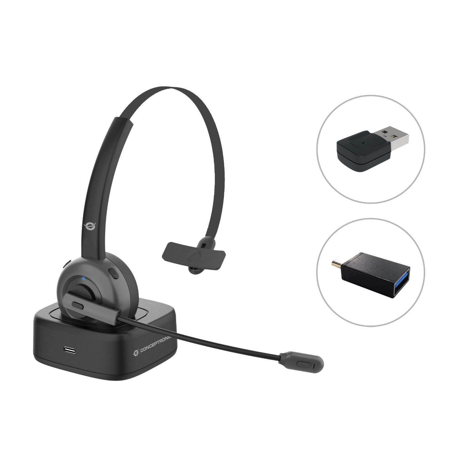 POLONA03BDA - Auricular+Micr�fono CONCEPTRONIC Supraural Monoaural Bluetooth 5.0 Base de Carga USB-C + Adaptador Negro (POLONA03BDA)