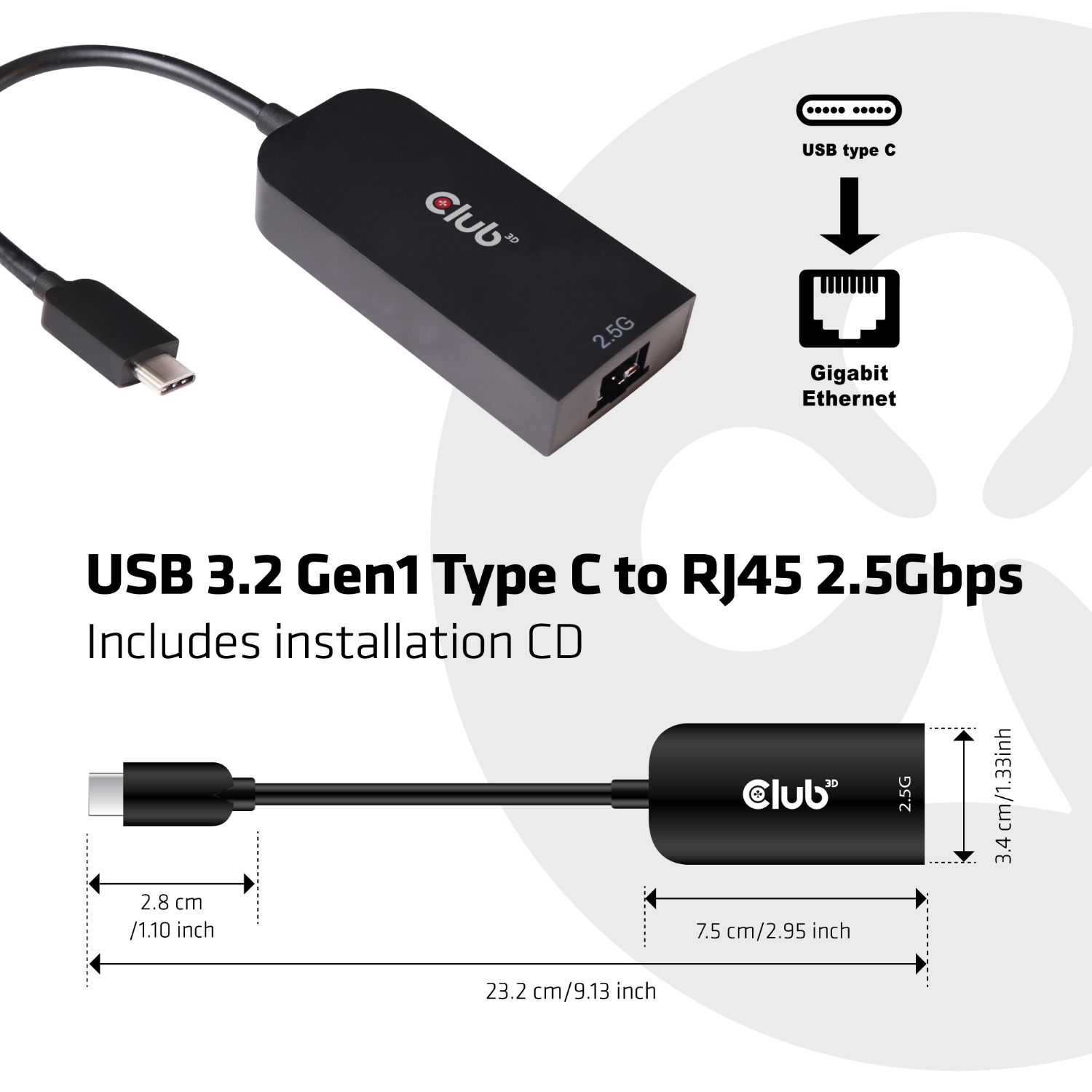 CAC-1520 - Adaptador Club 3D USB-C/M a RJ45/H Negro (CAC-1520)