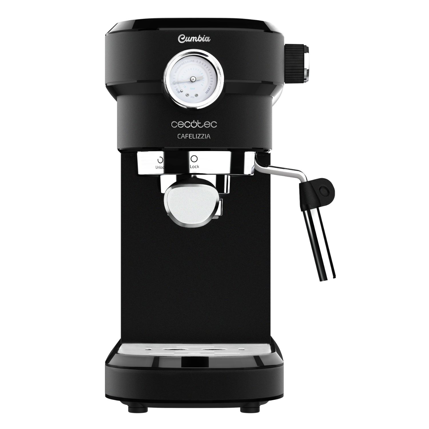 01653 - Cafetera CECOTEC Espresso/Capuchino Cafelizzia 790 Black Pro Manmetro 1350W 20 Bares Sistema Thermoblock Modo Auto para 1/2 Cafs Vaporizador Orientable Depsito 1.2 Litros Negra/Acero Inoxidable (01653)