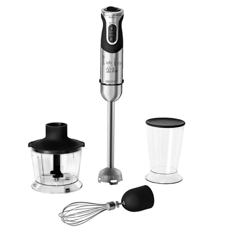 04062 - Batidora de Mano CECOTEC Powerful Titanium 1000 Full 1000W Pie XL 21 Niveles Turbo Cuchilla 4 Hojas con Recubrimiento de Titanio Soft Touch Accesorios Vaso de 500ml (04062)