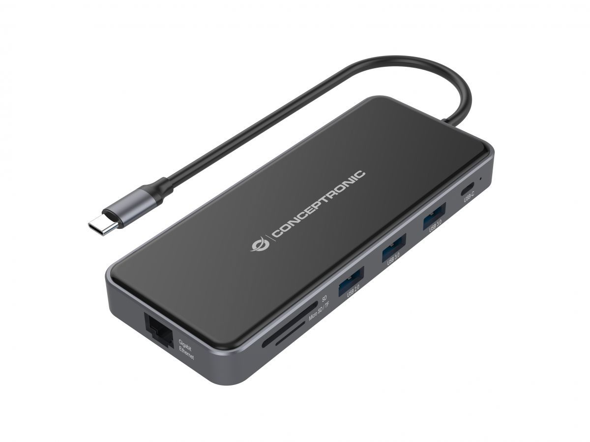 DONN15G - Docking Station CONCEPTRONIC 12en1 USB-C a 2x USB-A 2.0/USB-A 3.0/USB-C PD 100W/HDMI/2x VGA/GbE LAN/Lector SD/TF/mSD/Audio Out Gris (DONN15G)