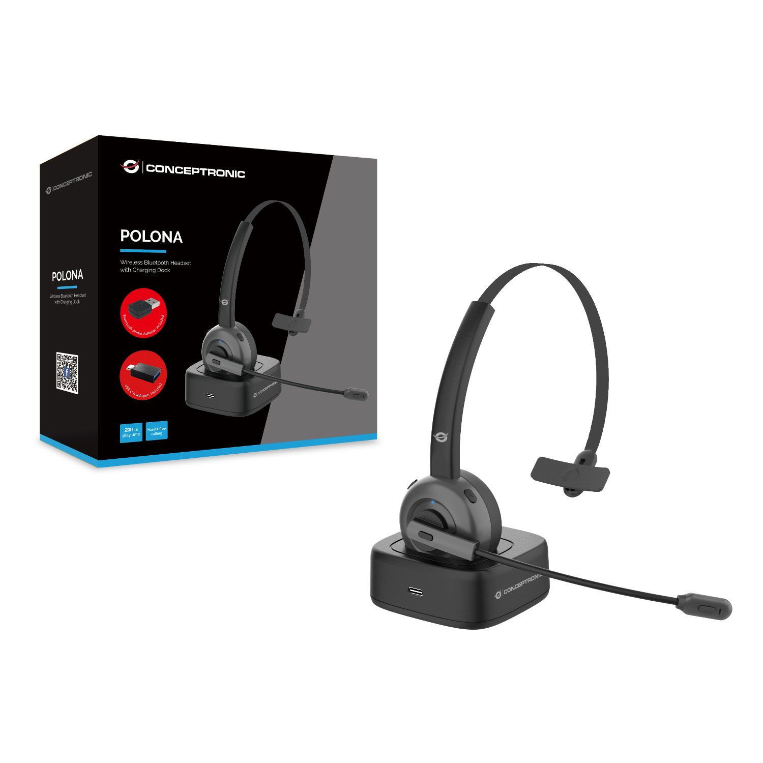 POLONA03BDA - Auricular+Micr�fono CONCEPTRONIC Supraural Monoaural Bluetooth 5.0 Base de Carga USB-C + Adaptador Negro (POLONA03BDA)