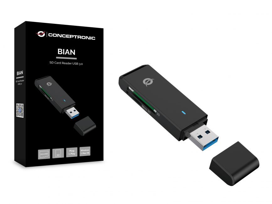 BIAN02B - Lector de Tarjetas CONCEPTRONIC 2 en 1 SD SDHC SDXC MicroSD/T-Flash MicroSDHC MicroSDXC USB 3.0 Negro (BIAN02B)
