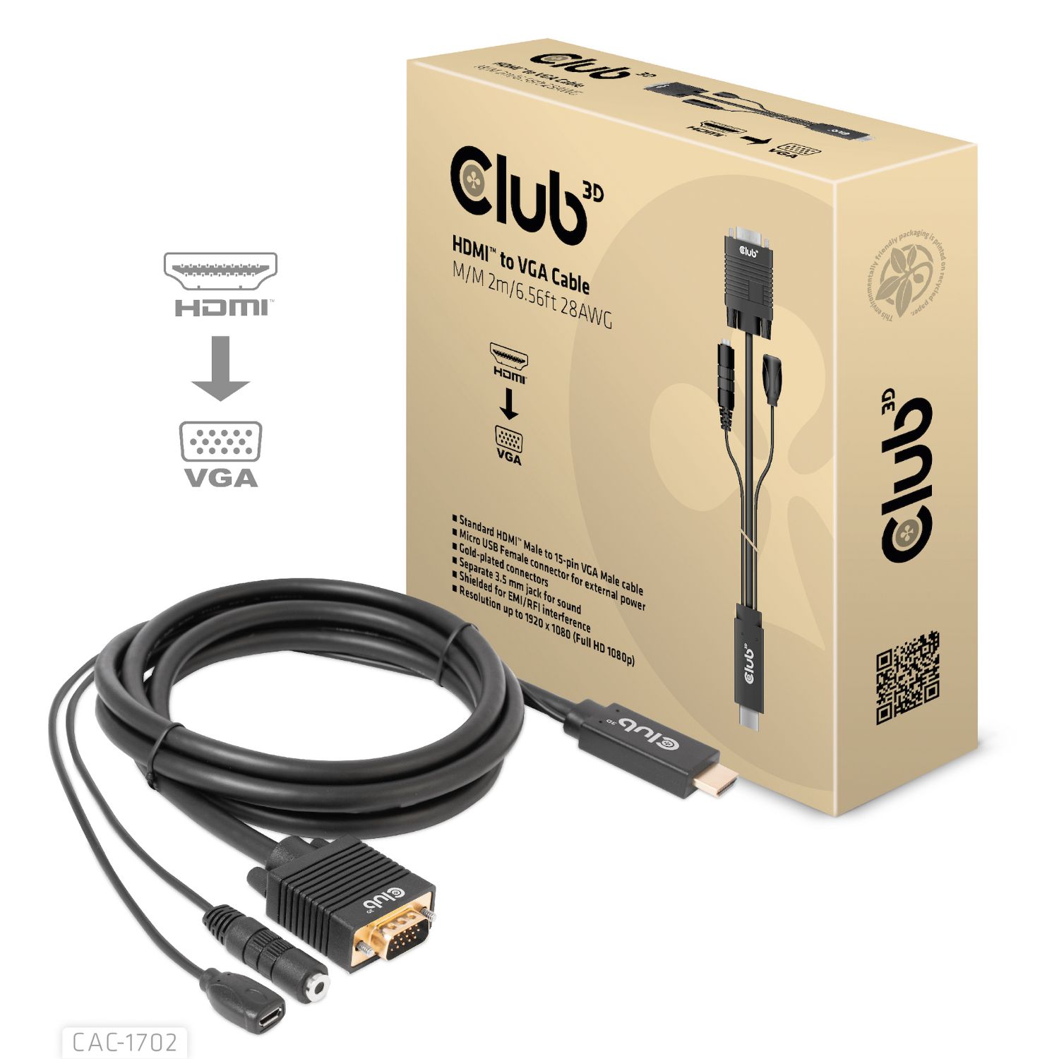CAC-1712 - Cable Club 3D HDMI/mUSB a VGA/3.5mm 2m Negro (CAC-1712)