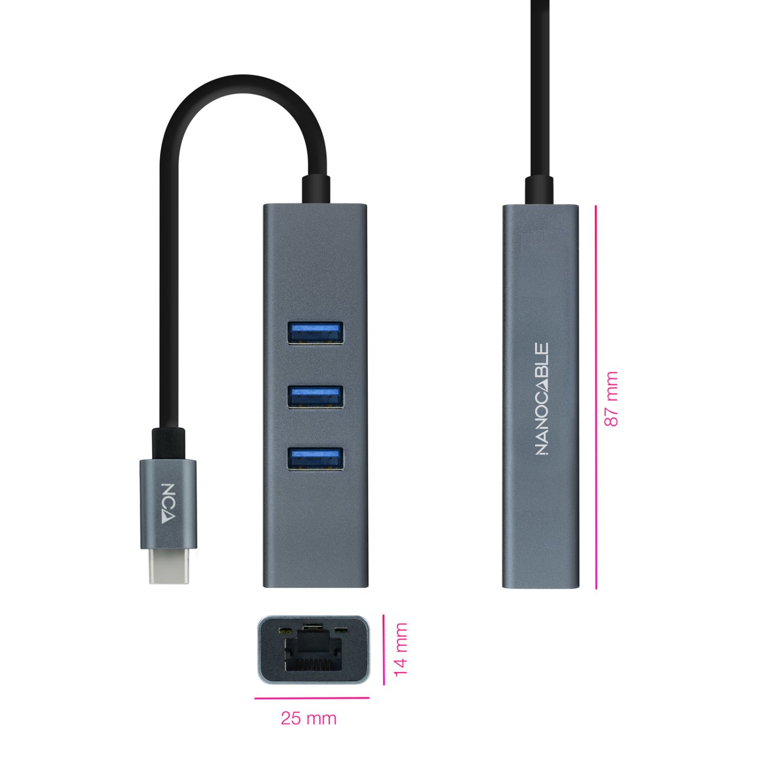 10.03.0408 - Adaptador Nanocable USB-C a 3x USB-A/RJ45 15cm Gris (10.03.0408)