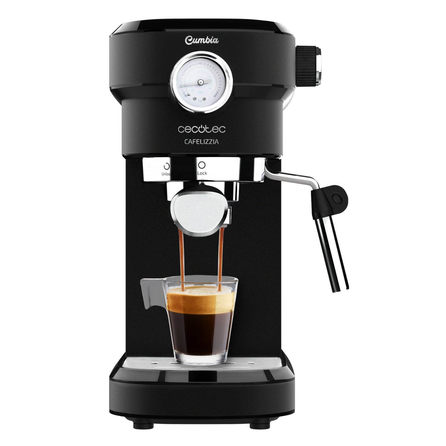 01653 - Cafetera CECOTEC Espresso/Capuchino Cafelizzia 790 Black Pro Manmetro 1350W 20 Bares Sistema Thermoblock Modo Auto para 1/2 Cafs Vaporizador Orientable Depsito 1.2 Litros Negra/Acero Inoxidable (01653)