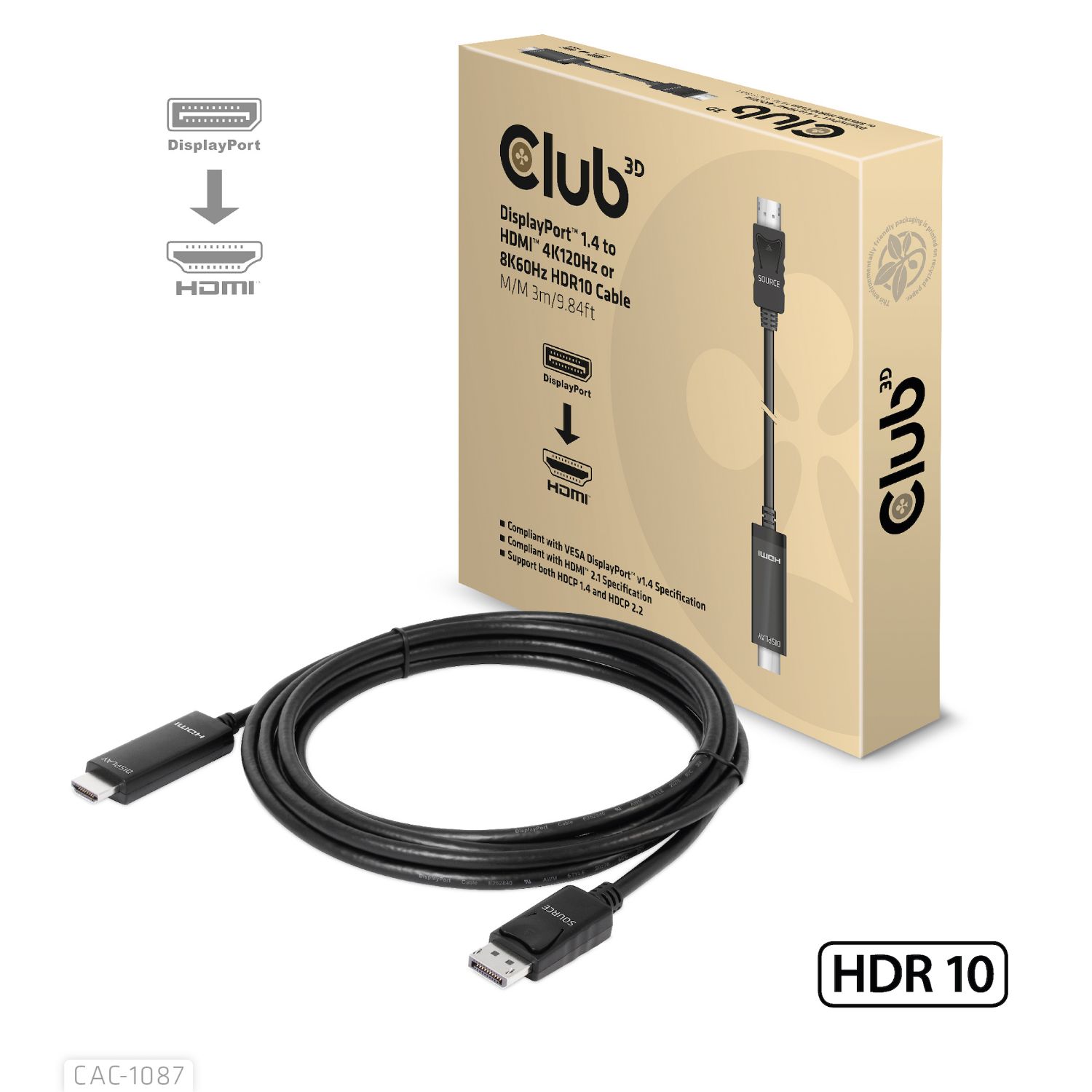 CAC-1087 - Cable Club3D DisplayPort 1.4 a HDMI 4K120Hz or 8K60Hz HDR10 3m (CAC-1087)