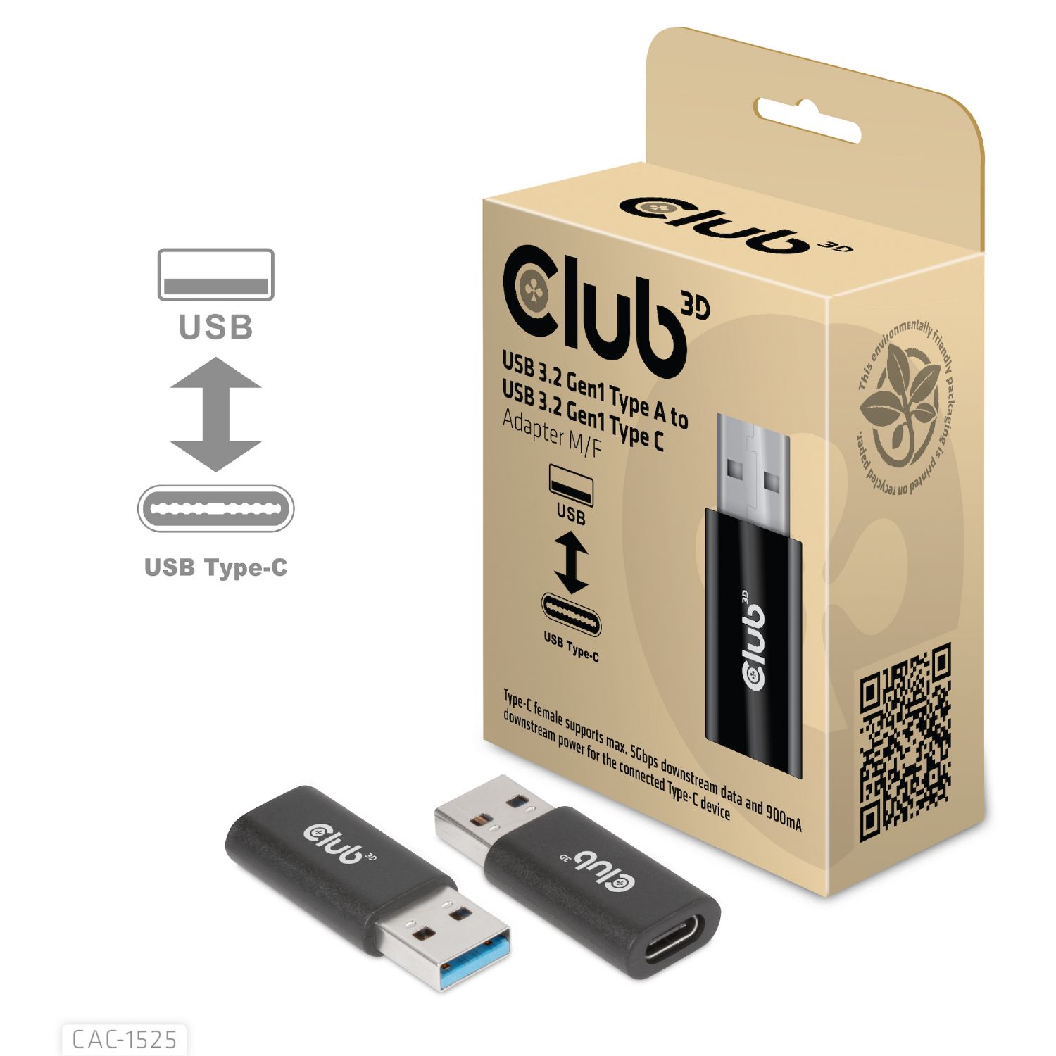 CAC-1525 - Adaptador Club 3D USB-A/M a USB-C/H Negro (CAC-1525)