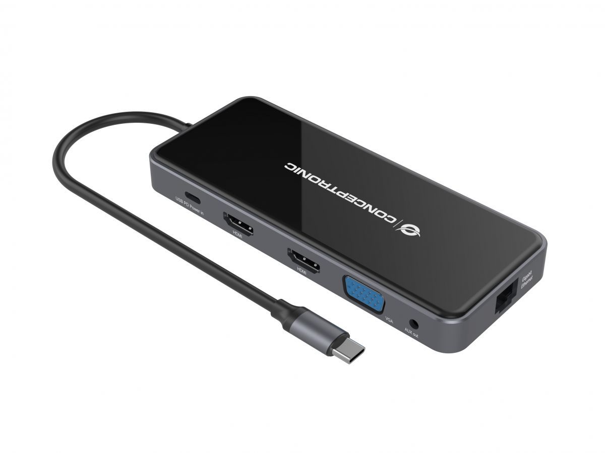 DONN15G - Docking Station CONCEPTRONIC 12en1 USB-C a 2x USB-A 2.0/USB-A 3.0/USB-C PD 100W/HDMI/2x VGA/GbE LAN/Lector SD/TF/mSD/Audio Out Gris (DONN15G)