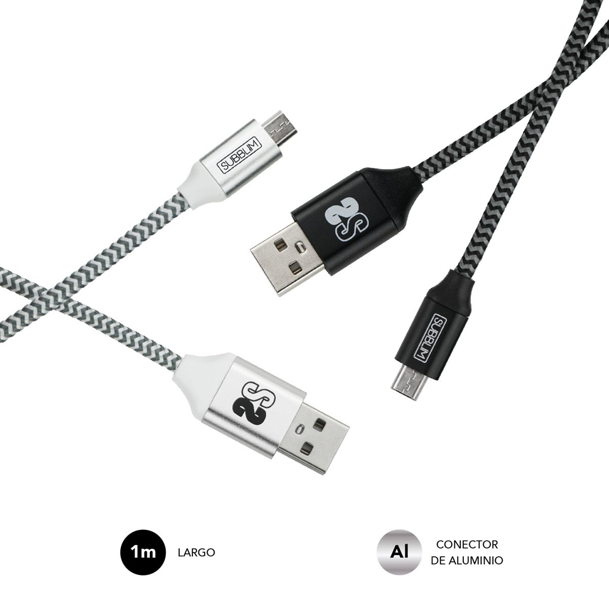 SUB-CAB-1MU001 - Pack 2 Cables SUBBLIM mUSB/M a USB/M Negro/Plata 1m (SUB-CAB-1MU001)