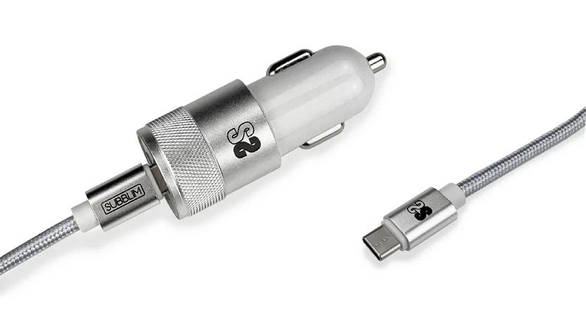 SUB-CHG-5CPD01 - Cargador Coche SUBBLIM 2USB+Cable USB-C Plata (SUB-CHG-5CPD01)