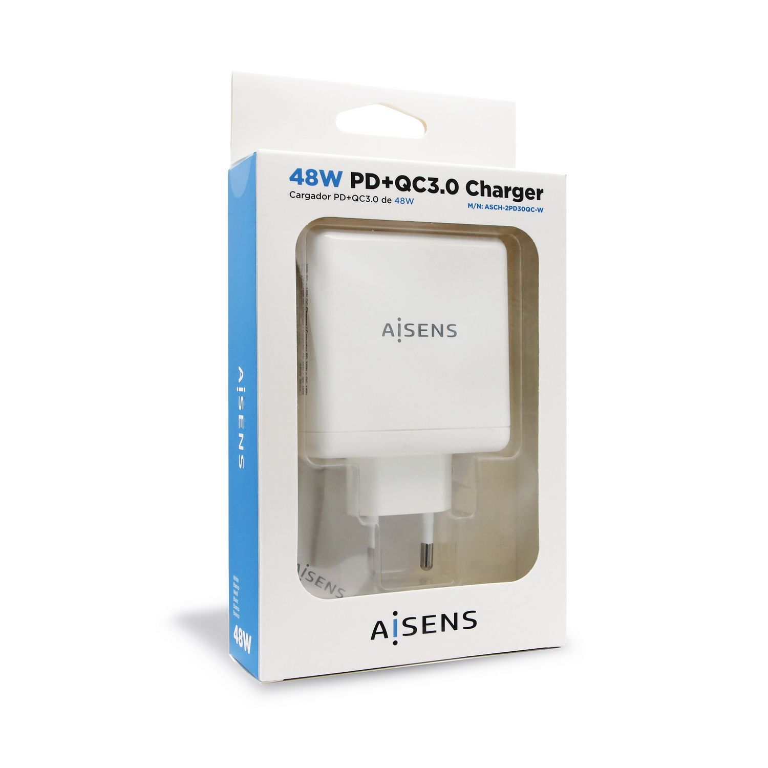ASCH-2PD30QC-W - Cargador de Pared AISENS GPS MP3 MP4 Mando videojuegos Telfono mvil Notebook 48W PD 3.0 Carga Rpida 3.0 1xUSB-A 1xUSB-C Blanco (ASCH-2PD30QC-W)