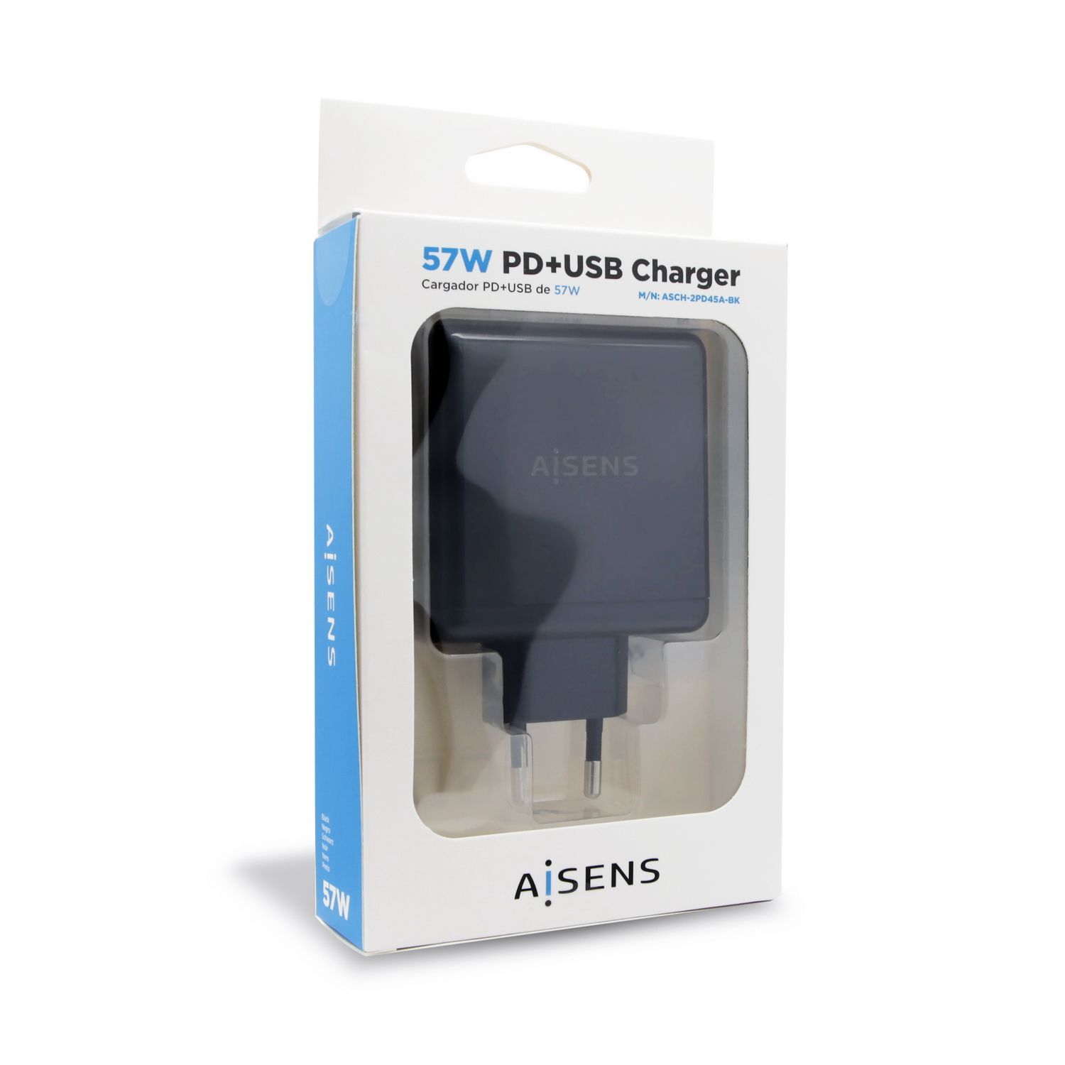 ASCH-2PD45A-B - Cargador de Pared AISENS GPS MP3 MP4 Mando Videojuegos Telfono Mvil Notebook Carga Rpida 3.0 PD 3.0 57W 1xUSB-A (12W) 1xUSB-C (45W) Negro (ASCH-2PD45A-B)