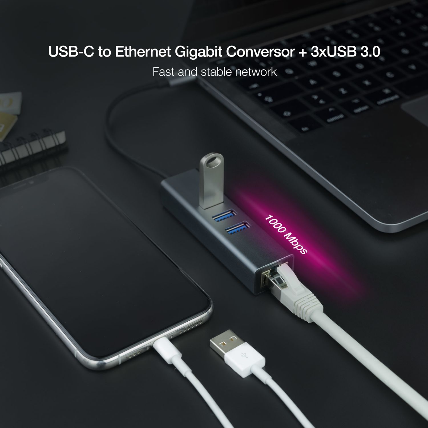 10.03.0408 - Adaptador Nanocable USB-C a 3x USB-A/RJ45 15cm Gris (10.03.0408)