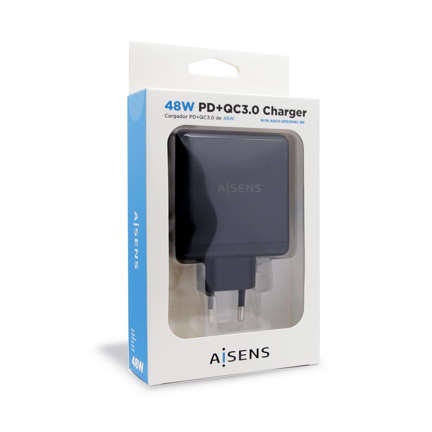 ASCH-2PD30QC-BK - Cargador de Pared AISENS GPS Mando Videojuego MP3 MP4 Smartphone Notebook 48W Carga Rpida 3.0 PD 3.0 1xUSB-A 2.0 1xUSB-C Negro (ASCH-2PD30QC-BK)
