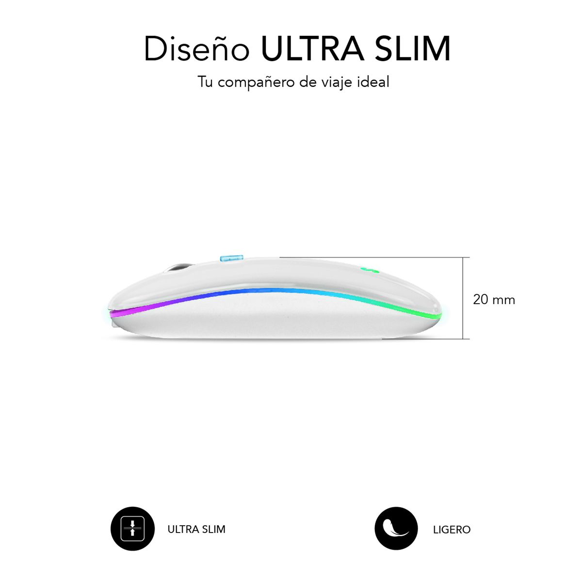 SUBMO-LDFLAT2 - Ratn SUBBLIM Ergonmico ptico Multidispositivo Silencioso Ambidextro RGB Batera Recargable RF Wireless/Bluetooth 5.1/USB-A 1600dpi 4 Botones Blanco (SUBMO-LDFLAT2)
