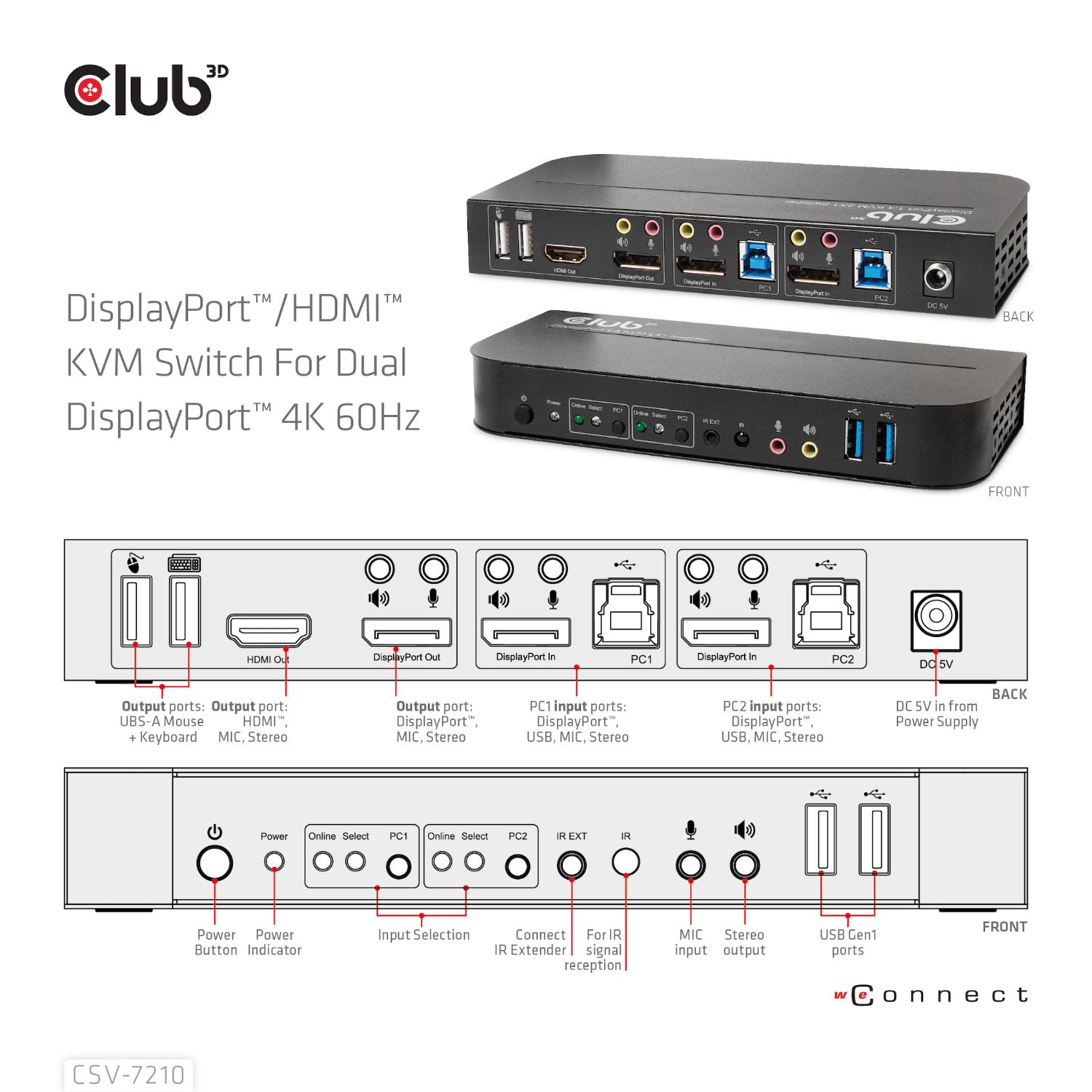 CSV-7210 - Conmutador Club 3D KVM 4K UHD 60Hz 1xUSB-B 3.0/3xDP/1xHDMI Negro (CSV-7210)