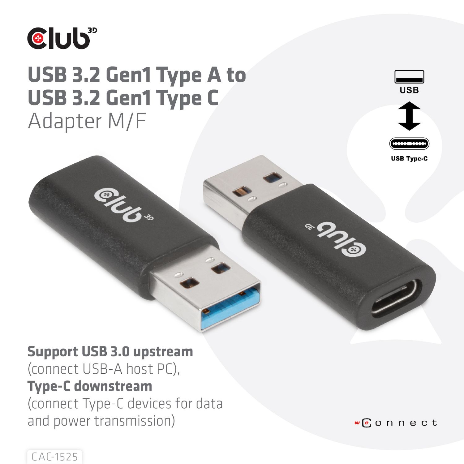 CAC-1525 - Adaptador Club 3D USB-A/M a USB-C/H Negro (CAC-1525)