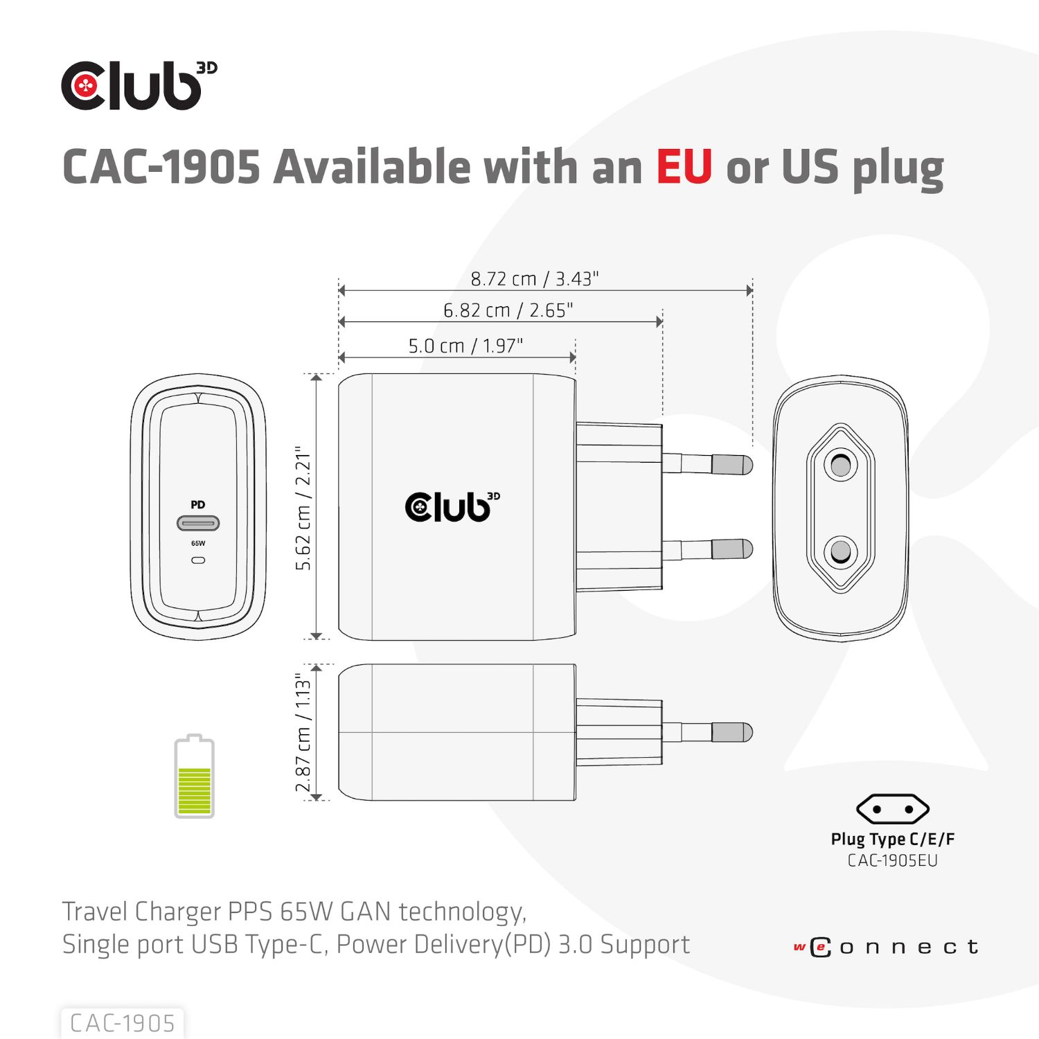 CAC-1905EU - Cargador de Viaje Club 3D Universal 65W 1xUSB-C PD 3.0 Negro (CAC-1905EU)
