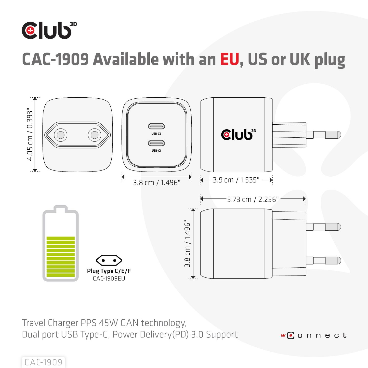 CAC-1909EU - Cargador de Viaje Club 3D Telfono mvil Smartphones Notebook 45W PD 3.0 2xUSB-C Negro (CAC-1909EU)