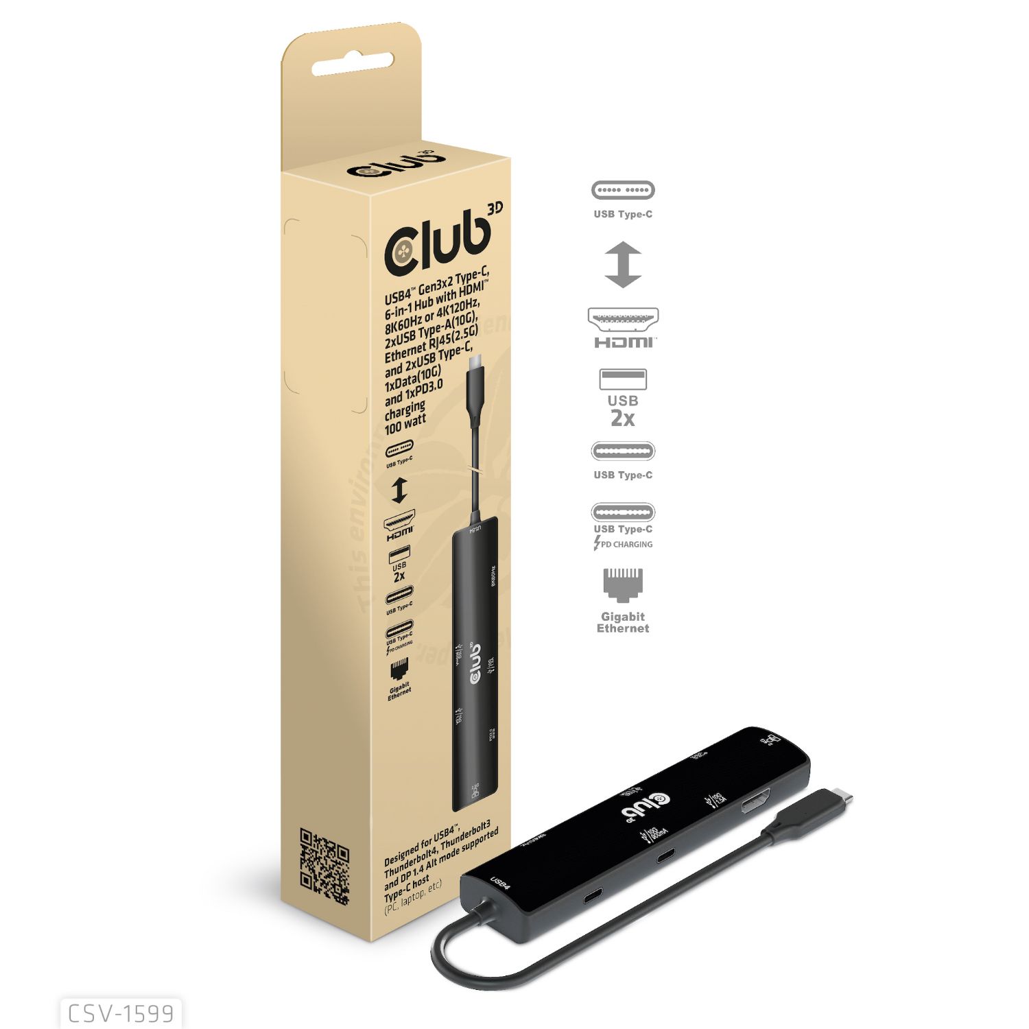 CSV-1599 - Docking Station Club 3D 6en1 USB-C 3.0 a 2xUSB-A 3.0/2xUSB-C 3.0/1xHDMI PD 100W HDCP 1.4/2.2 Ethernet GbE Negro (CSV-1599)
