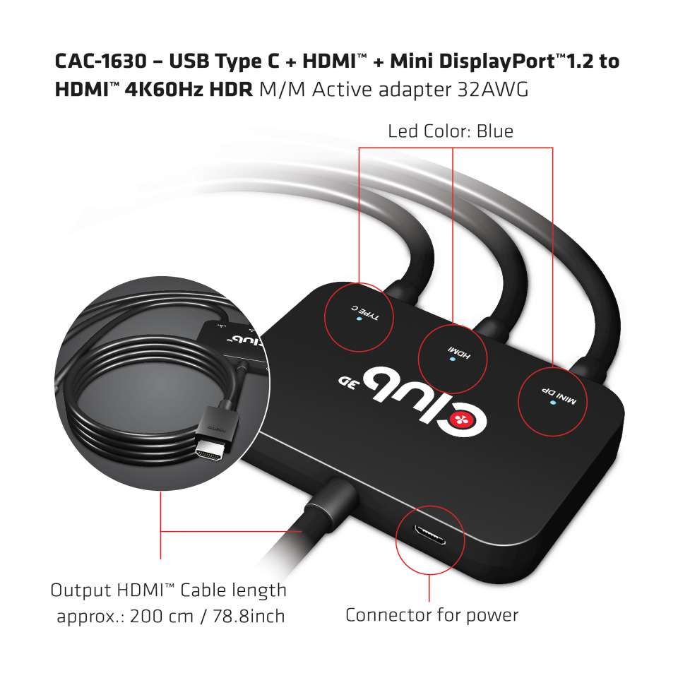 CAC-1630 - Adaptador Club3D HDMI a USB-C/mDP/HDMI. Permitir conectar computadoras/porttiles/ tabletas /telfonos que admitan puertos de video HDMI, MiniDP y/o USB-C a su proyector, televisor o monitorpreparado para HDMI 4K60Hz. (CAC-1630)