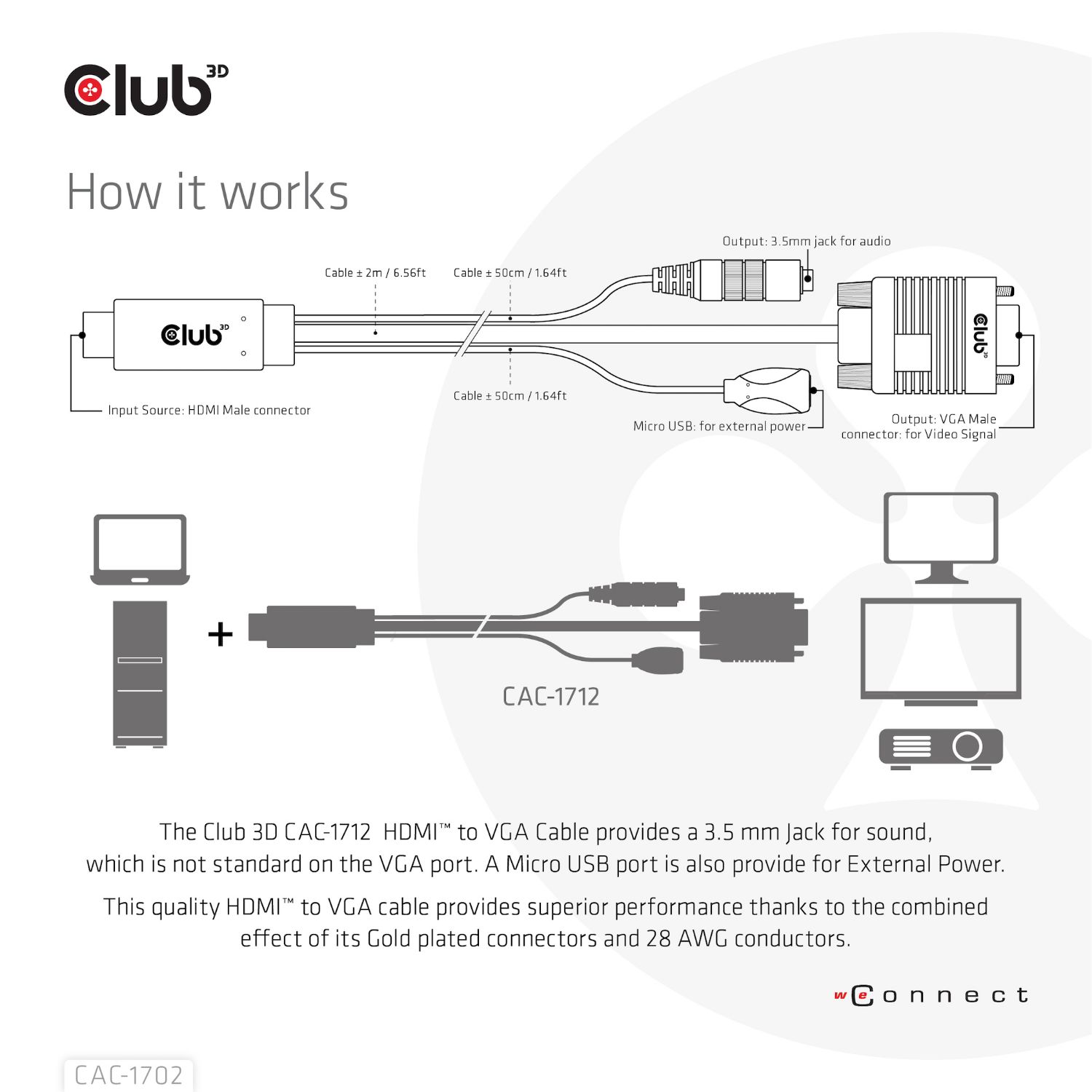 CAC-1712 - Cable Club 3D HDMI/mUSB a VGA/3.5mm 2m Negro (CAC-1712)