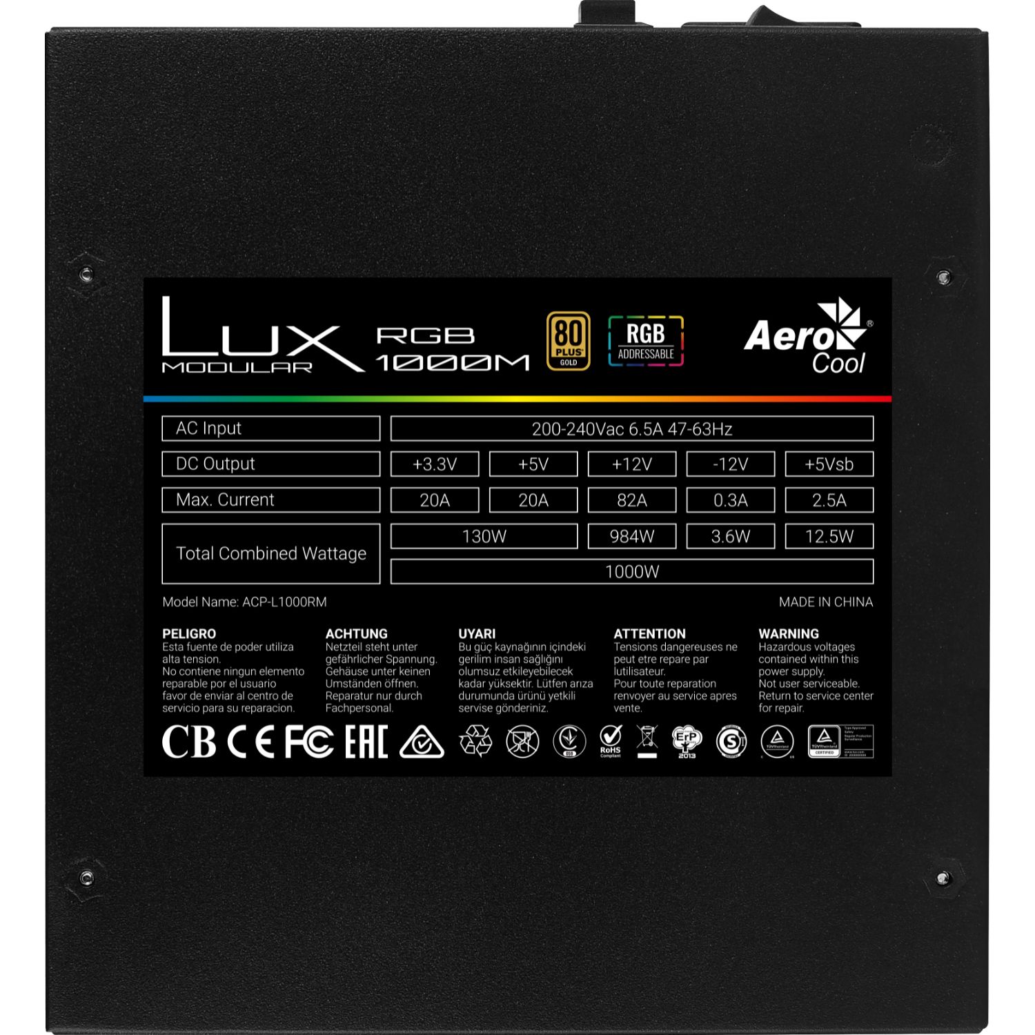 LUXRGB1000M - Fuente AEROCOOL LUX 1000W 90% 120mm RGB 80 Plus Gold Negra (LUXRGB1000M)