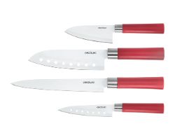 01003 - Cuchillos Profesionales CECOTEC Estilo japons Sanyoku 4Unidades.Filo de grosor de 2mm, Cuchillo de trinchar, Cuchillo Chef, Cuchillo multiusos, Cuchillo picador, Rojo (01003)