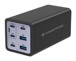 OZUL06BE - Cargador CONCEPTRONIC 200W 2xUSB-A 3.0 4xUSB-C PD 3.1 QC 3.0 Negro (OZUL06BE)