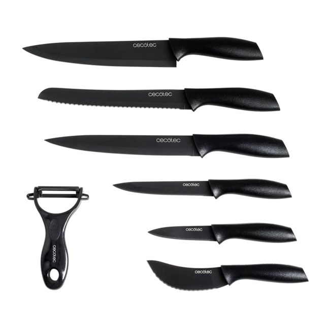 01012 - Juego cuchillos Profesionales CECOTEC Titanium 7unidades, Acero Inoxidable, Recubrimiento cermico, hoja de 2mm de grosor, Negro (01012)