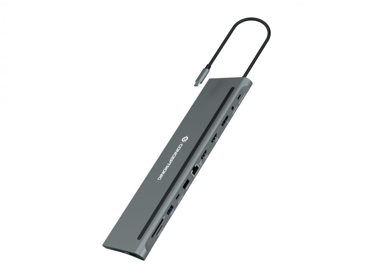 DONN17G - Docking Station CONCEPTRONIC 12en1 USB-C a USB-A 2.0/USB-A 3.0/USB-C/USB-C PD 100W/HDMI/DP/RJ45/SD/TF/mSD/Audio 18cm Gris (DONN17G)