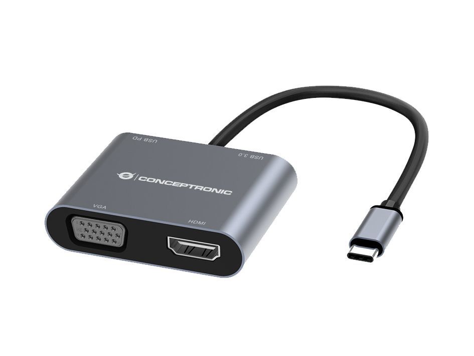 DONN16G - Adaptador CONCEPTRONIC 4 en 1 USB-C 3.0 a USB-A 3.0/USB-C PD 100W/HDMI/VGA Gris (DONN16G)