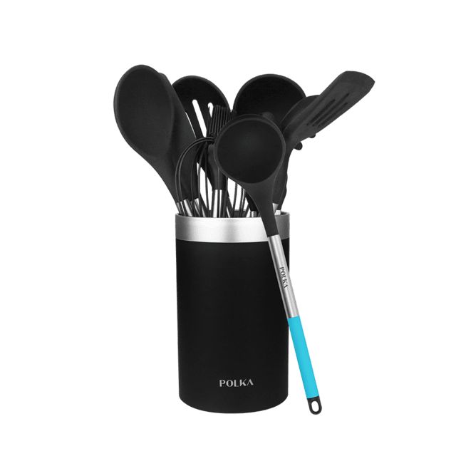 01186 - Set 9utensilios CECOTEC Polka Platinum Thunder, Negro, Recubierto Soft touch y Mango de Acero. Materiales: Silicona, Nylon y PP, Incluye Holder Polka (01186)