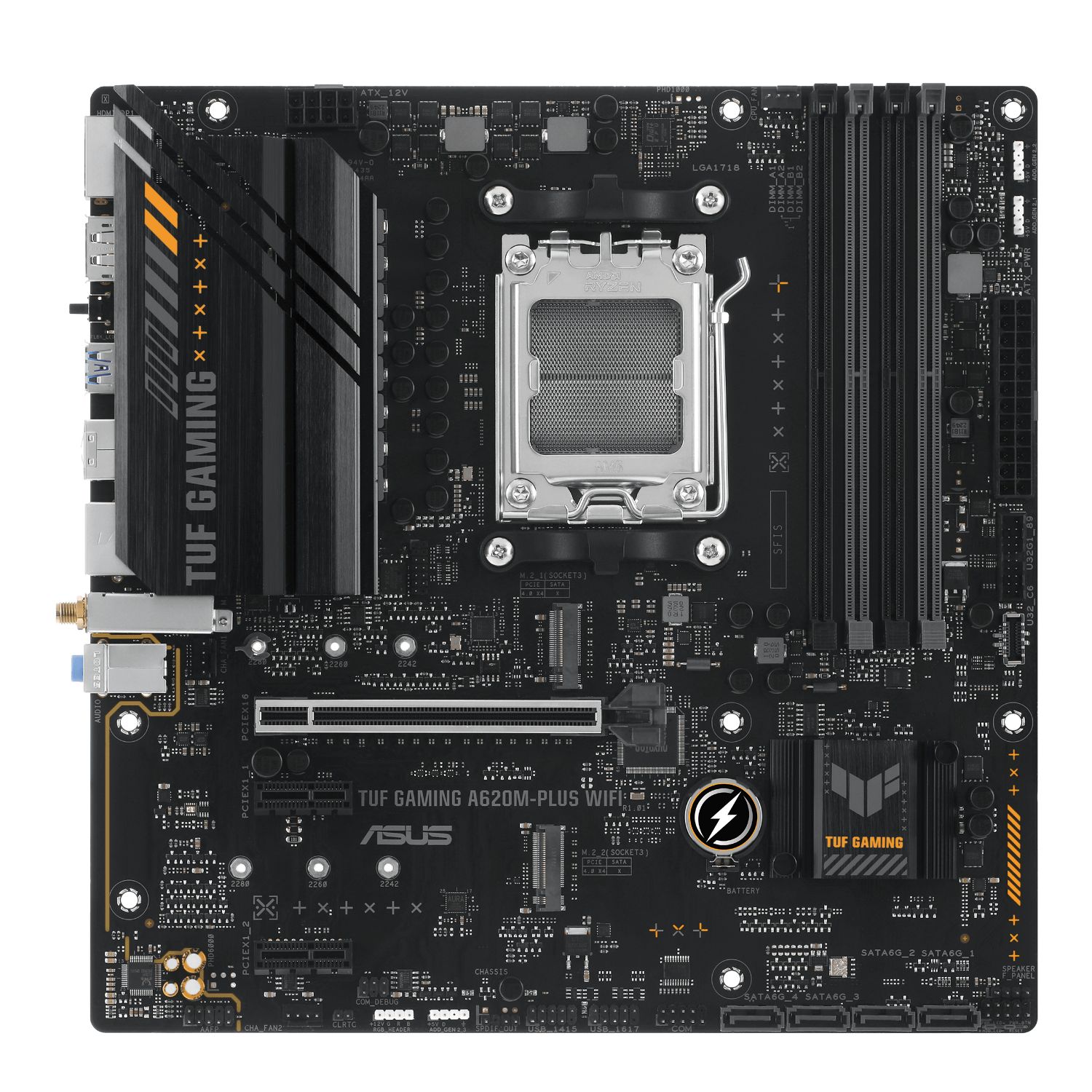90MB1F00-M0EAY0 - Placa base ASUS TUF GAMING A620M-PLUS WIFI: (AM5) 4DDR5 M.2 SATA3 PCIe USB 2.0 USB-A 3.0 HDMI DP RJ45 PS/2 7.1 mATX WiFi Bluetooth 5.3 Gigabit Ethernet 2.5