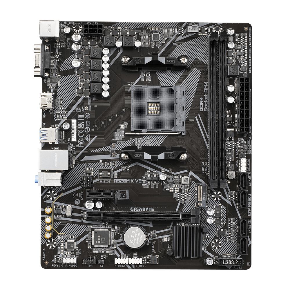 A520M K V2 1.0 - Placa base GIGABYTE A520M K V2: (AM4) 2DDR4 SATA3 M.2 PCIe USB 2.0 USB-A 3.0 HDMI VGA RJ45 PS/2 HDCP 7.1 mATX Gigabit Ethernet