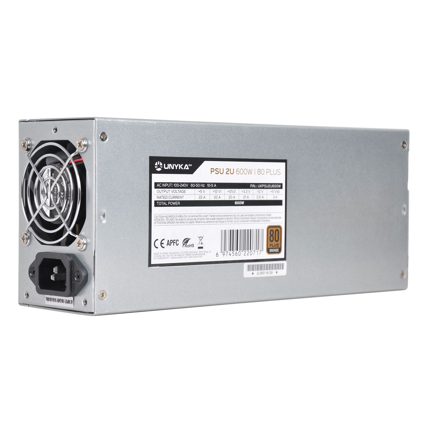 UKPSU2U600W - Fuente UNYKA FLEX 2U ATX 600W PFC 60mm 24-pin ATX Molex SATA PCIe 80 Plus Bronze Plata (UKPSU2U600W)