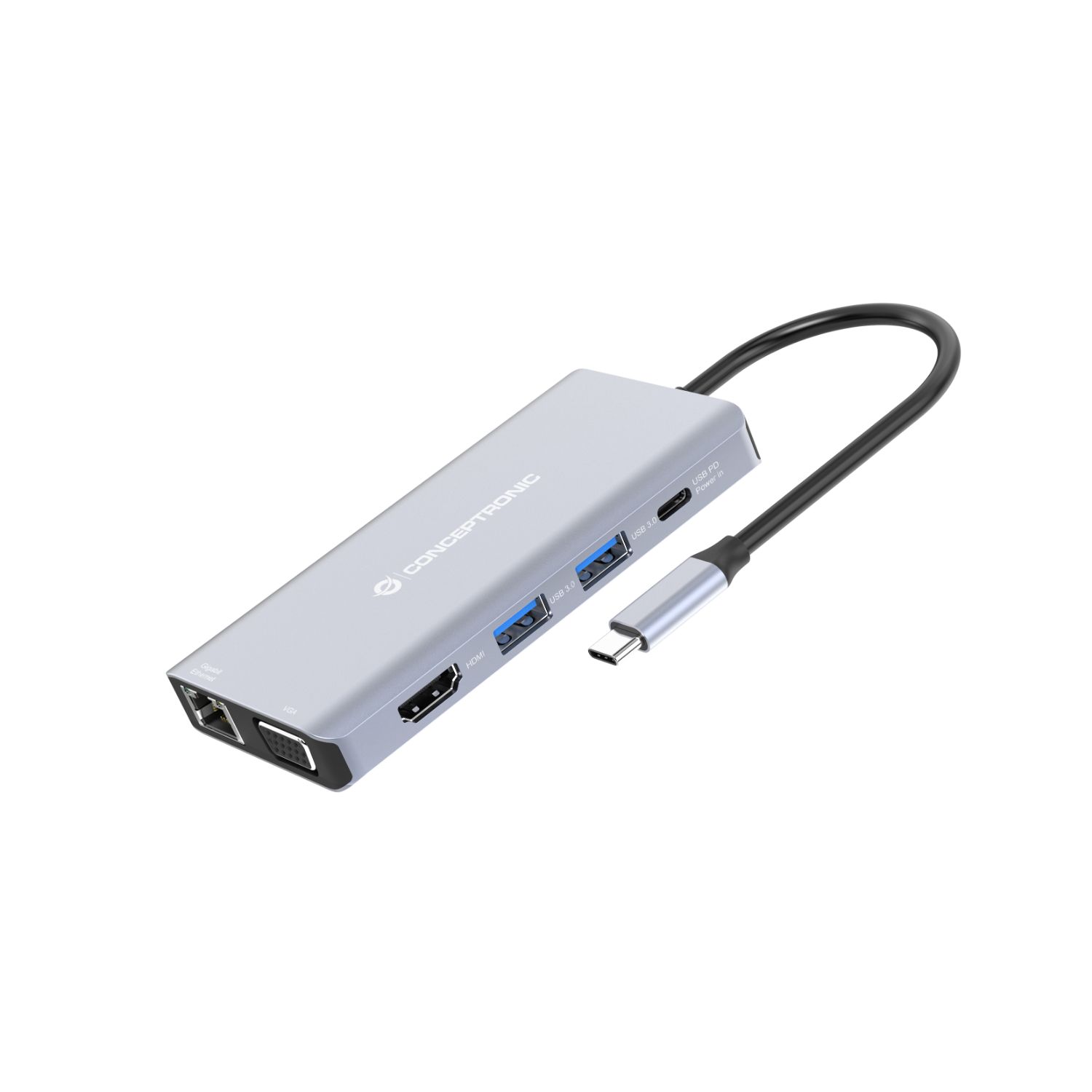 DONN20G - Adaptador CONCEPTRONIC 10en1 USB-C 3.0 a HDMI/VGA/USB-C PD 100W/USB-A 3.0/RJ45/Audio/SD/TF/mSD Gris (DONN20G)