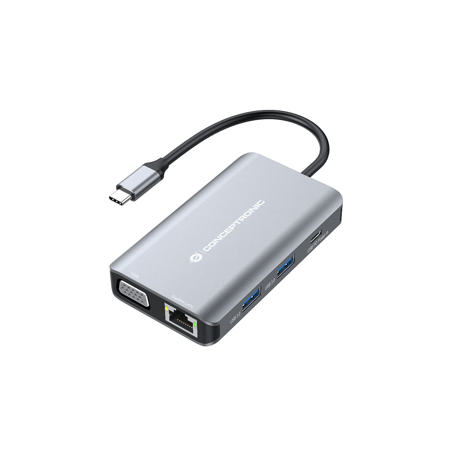 DONN21G - Adaptador CONCEPTRONIC 7en1 USB-C 3.0 a HDMI/VGA/USB-C PD 100W/3xUSB-A 3.0/RJ45 Gris (DONN21G)