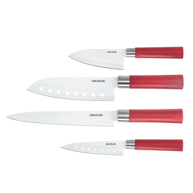 01003 - Cuchillos Profesionales CECOTEC Estilo japons Sanyoku 4Unidades.Filo de grosor de 2mm, Cuchillo de trinchar, Cuchillo Chef, Cuchillo multiusos, Cuchillo picador, Rojo (01003)