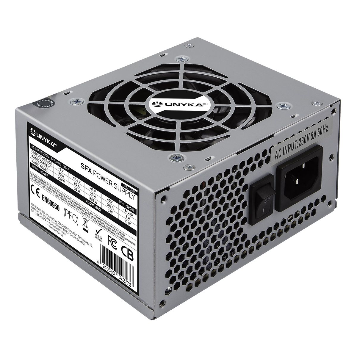 OUT5253 - Fuente UNYKA SFX 450W 78% 80mm Plata OEM (52017) (OUT5253). Buen estado. Marcas de uso. Completa. (OUTLET)