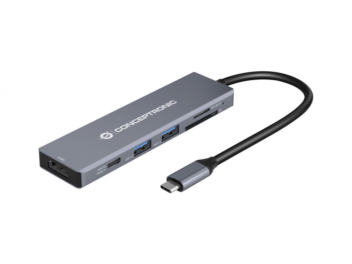 DONN23G - Docking Station CONCEPTRONIC 6en1 USB-C 3.0 a HDMI/USB-A 3.0/USB-C PD 100W/SD/TF/MicroSD Gris (DONN23G)
