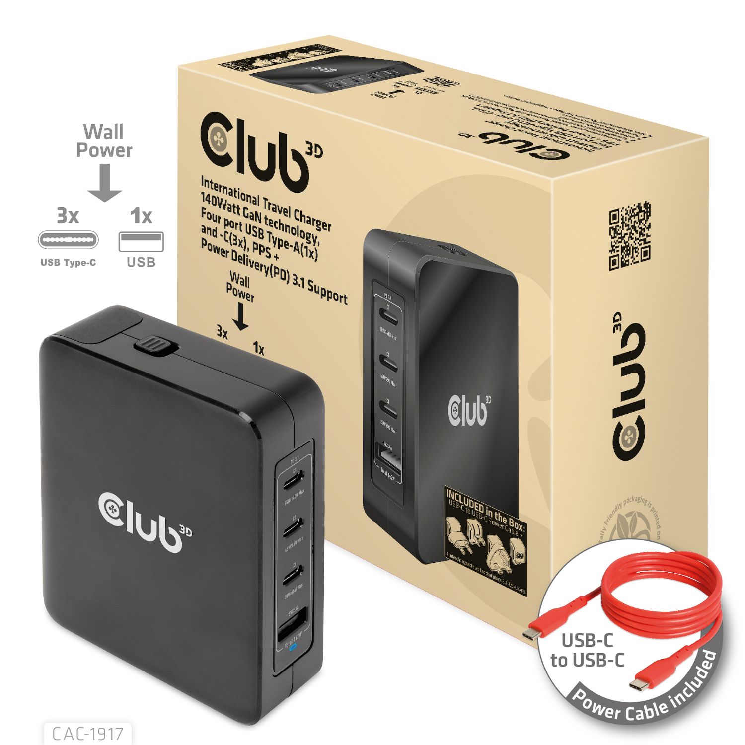 CAC-1917 - Cargador de Viaje Club 3D 140W PD 3.1 3xUSB-A 1xUSB-C Negro (CAC-1917)
